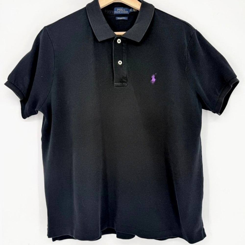 Polo Ralph‎ Lauren Mens Classic Fit Black Pique Polo Shirt Purple Pony XL Preppy
